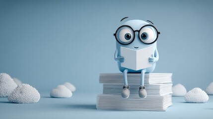 Cute cartoon character with round glasses reading a book while sitting on stacked papers.