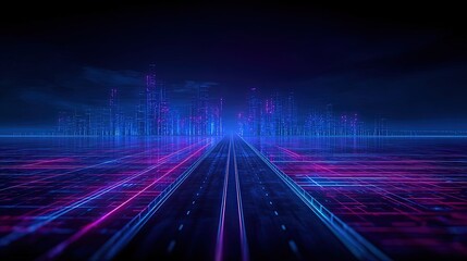 Fototapeta premium Futuristic neon digital cityscape with glowing skyscrapers and vibrant light lines.