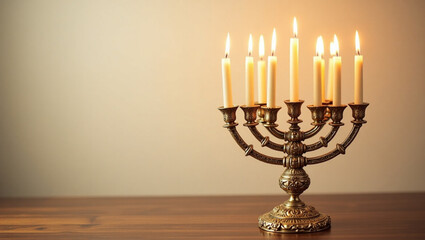 Traditional Hanukkah Menorah with Flames.