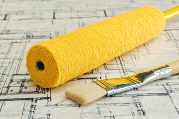 Yellow paint roller and brush on architectural blueprints