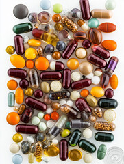 Colorful pills and capsules forming a vibrant and diverse pharmaceutical display