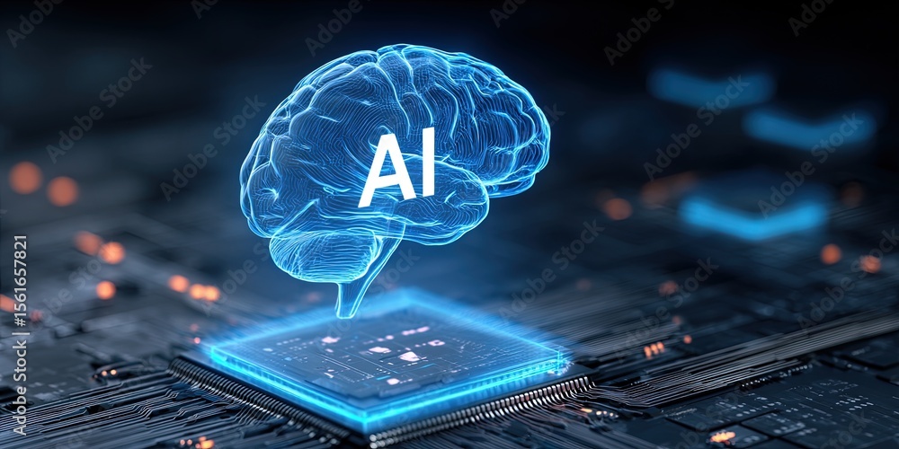 Poster Highly detailed futuristic image of artificial intelligence brain hologram glowing over microchip circuit board.