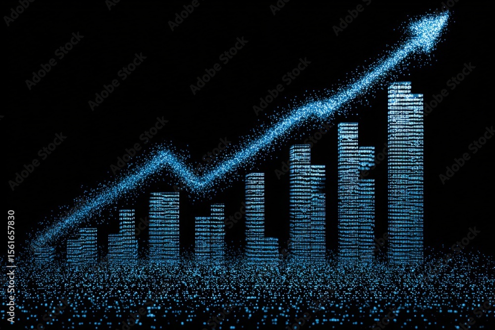 Poster digital art of glowing blue upward trending graph behind bar chart with arrow.