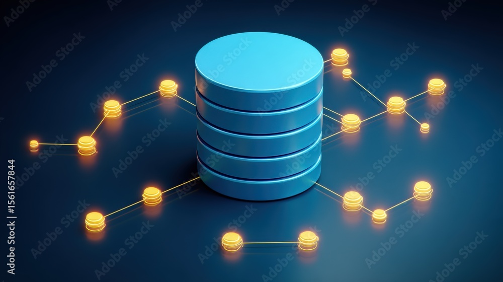 Poster Modern digital data storage concept with stacked disks and network connections illustration.