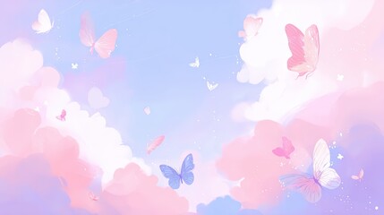 Vibrant pastel sky with floating butterflies in dreamy atmospheric scenic background.