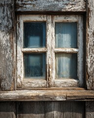 Weathered wooden window showcasing peeling paint and textured surfaces in aged dwelling details