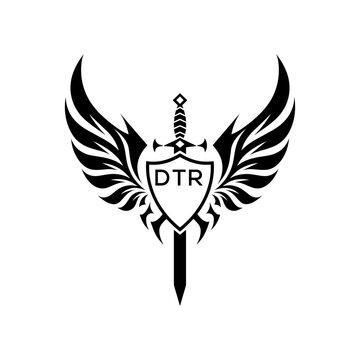 DTR "Warrior Shield and Sword Emblem with Wings Logo," DTR Later Logo, "Black Tribal Winged Sword Crest Vector," "Heraldic Emblem with Wings, Sword, and Shield,"
