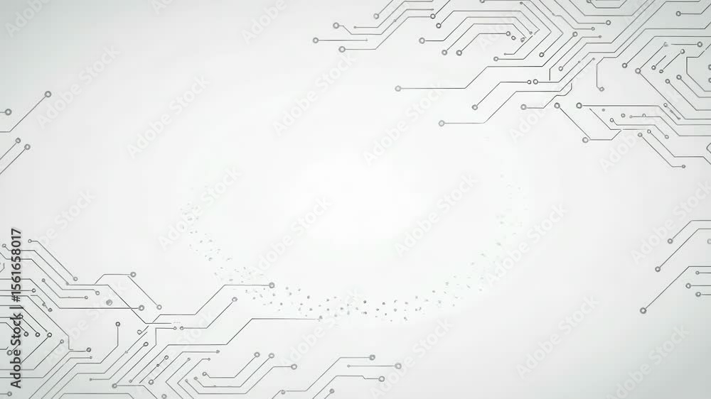 Poster a clean white background with a minimalist circuit board pattern forming a technological frame