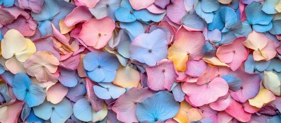Colorful hydrangea petals.  A close-up view of many dried hydrangea petals in a variety of pastel colors.  The petals are layered and overlapping, creating a vibrant and textured surface