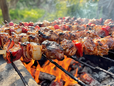 Delicious barbecue skewers of meat and vegetables grilling over charcoal embers - Powered by Adobe