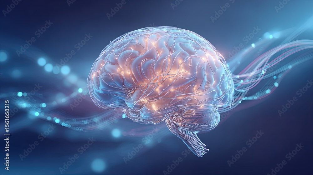 Poster highly detailed digital illustration of a human brain with glowing neural connections and light trai