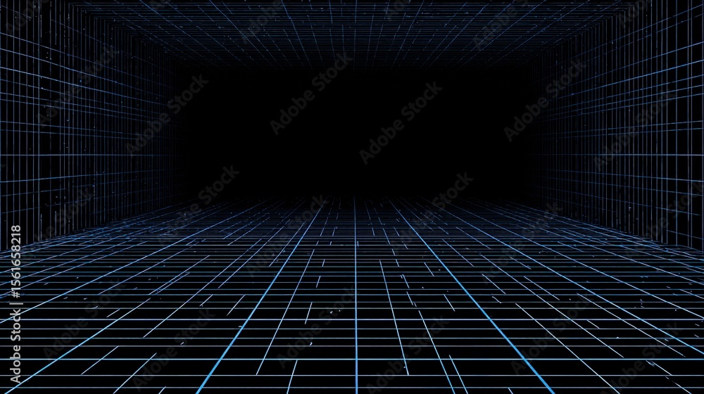 Poster Futuristic digital technology background with glowing grid lines and digital tunnel.
