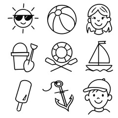 Summer beach doodle icons with sun, umbrella, and ice cream on white background. 