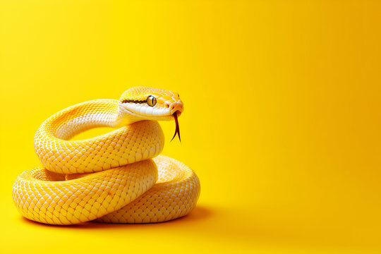yellow ball python snake coiled on a bright yellow background with copy space