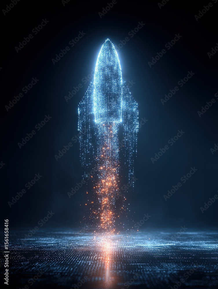 Poster futuristic glowing rocket launch digital art with bright sparks and particle effects.
