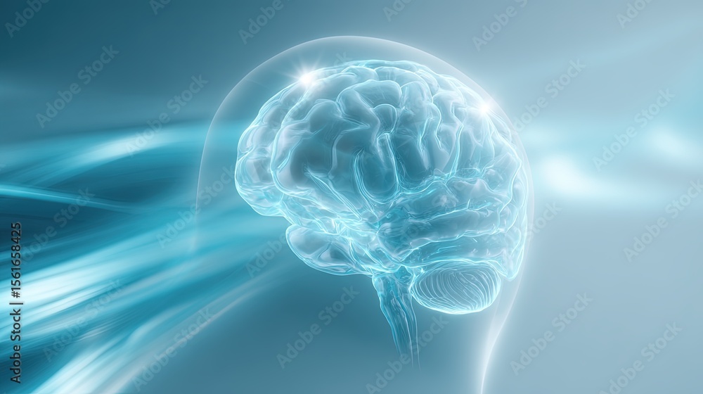 Poster detailed digital illustration of a human brain with glowing light effects and neural visually repres