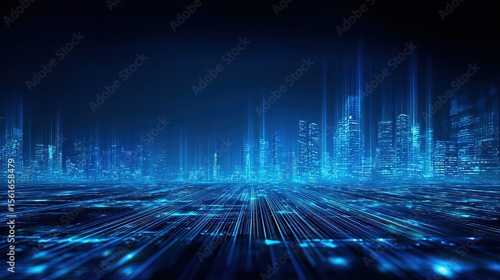 Poster futuristic digital cityscape with vibrant blue illuminated buildings and data streams.