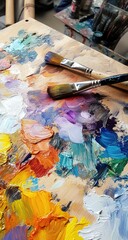 Palette with vibrant paint swatches and brushes