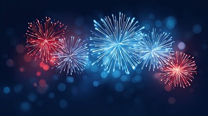 Fototapeta premium Colorful fireworks exploding in the night sky with vibrant red and blue hues.
