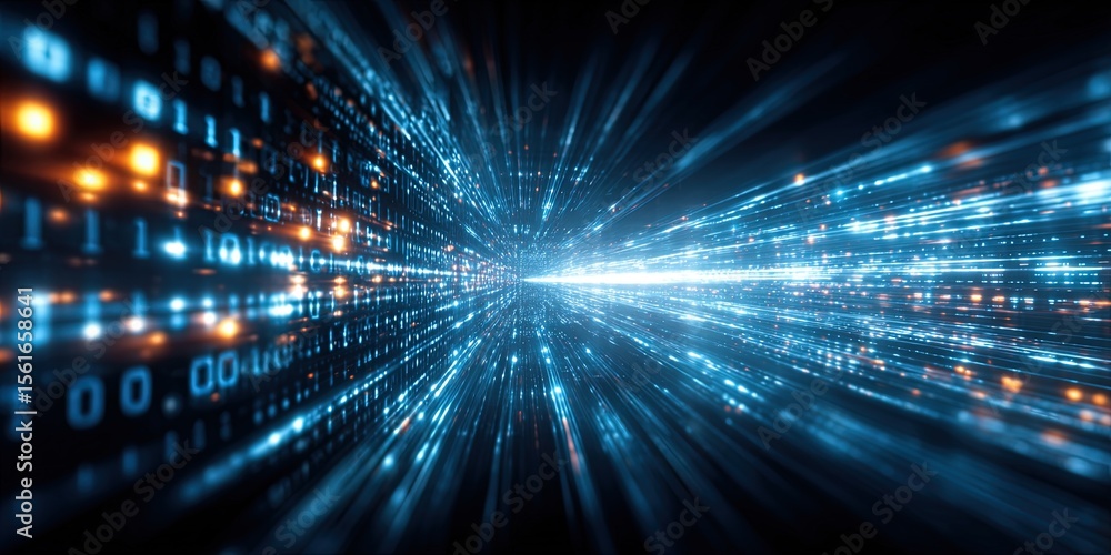 Poster high tech digital data stream flow with bright lights and accelerating light trails.