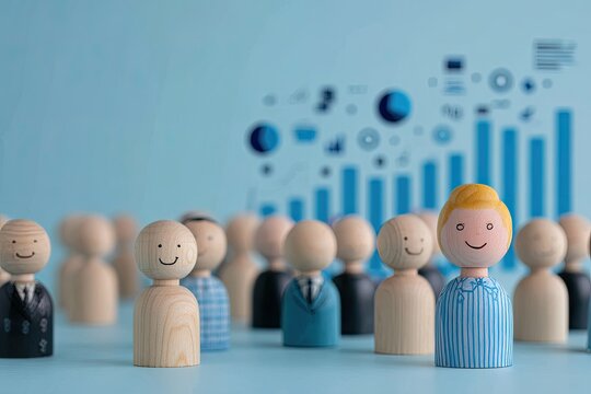 Wooden figures, a standout, and business charts