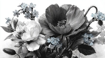 Elegant monochromatic drawing of a poppy and forget-me-nots flower composition with fine lines, black leaves, minimalist design on a clean white background, delicate and artistic floral illustration