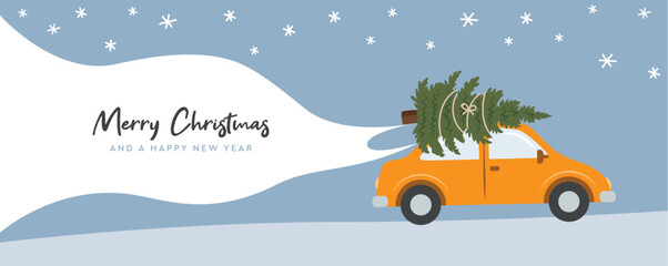 car with christmas tree on snowy winter landscape vector illustration