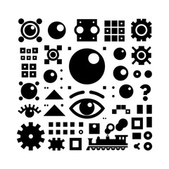 simple silhouette of Big button eyes and blocky shapes