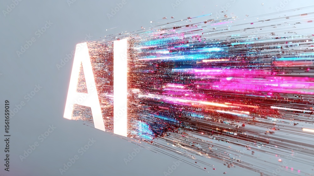 Poster dynamic abstract digital illustration featuring glowing ai letters with colorful streaks.