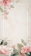 Elegant floral border frame with pink and white flowers and green leaves on marble background for invitations.