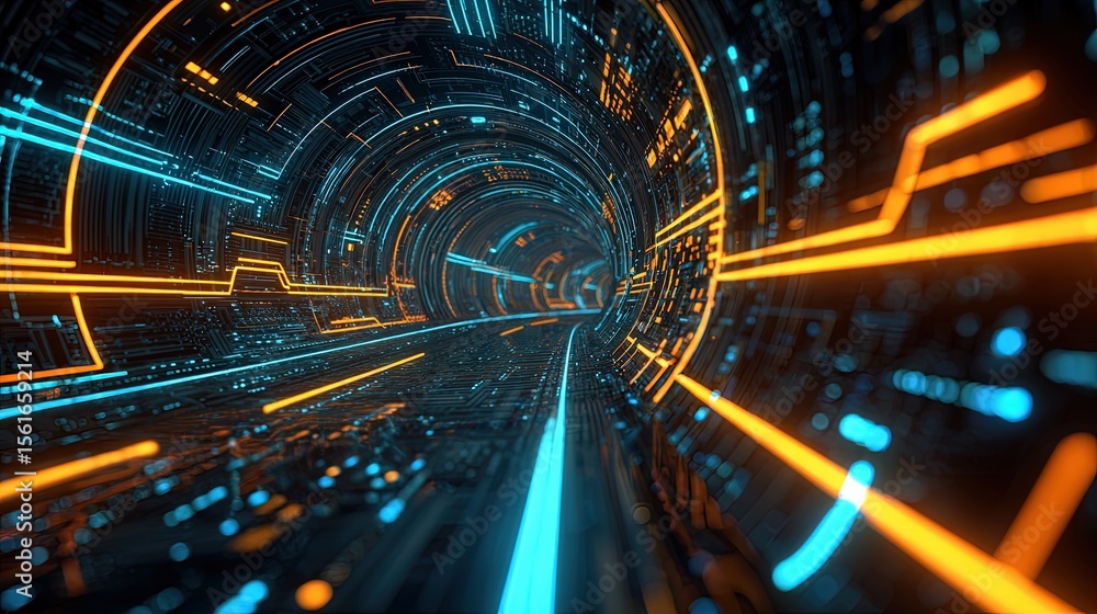 Poster Futuristic digital tunnel with glowing neon lines and dynamic technological effects.