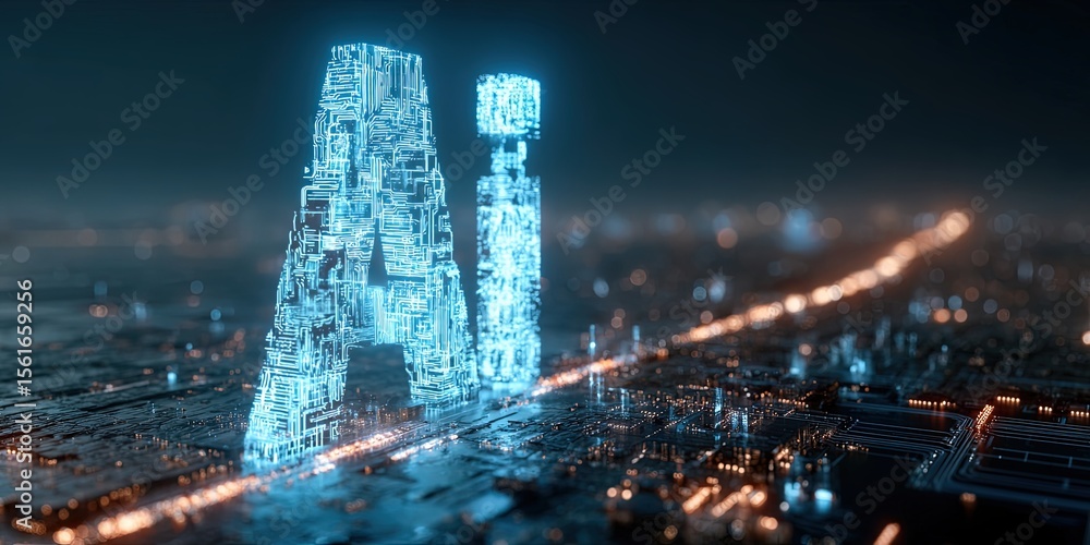 Poster futuristic digital ai concept symbol with glowing holographic letters and technology background.
