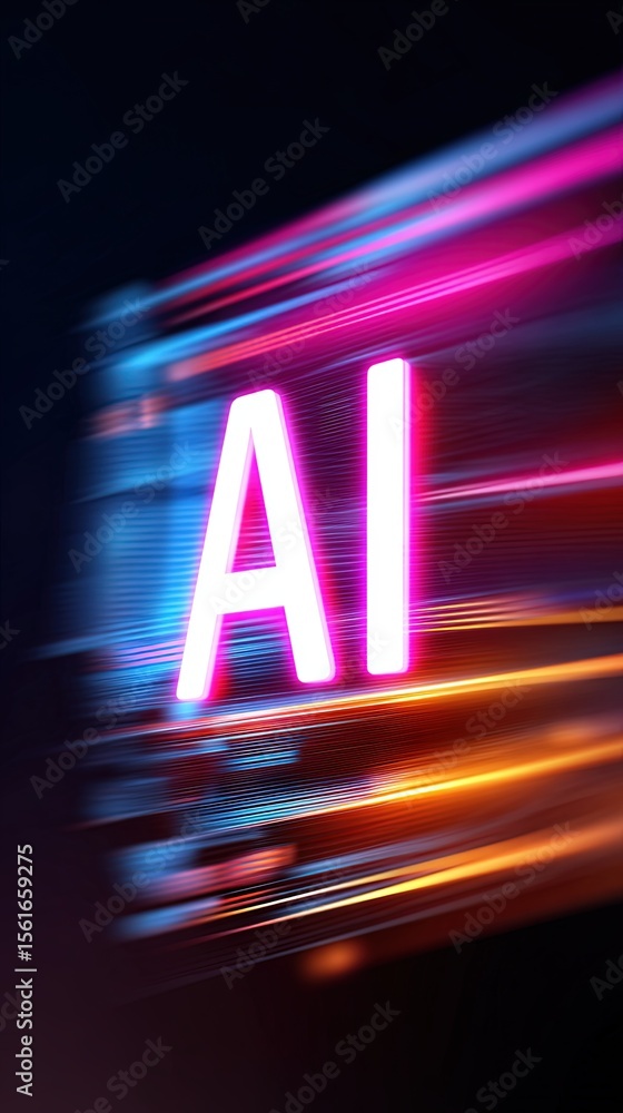 Poster Vibrant neon sign displaying AI with colorful motion blur background in dark setting.
