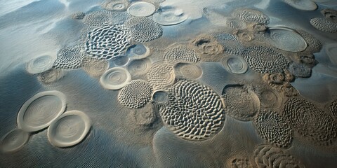 Aerial depiction of intricate sand formations with mesmerizing circular patterns and textures