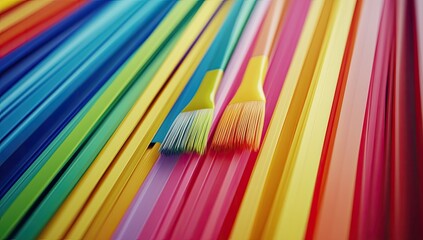 Two paintbrushes resting on a vibrant rainbow of colorful strips