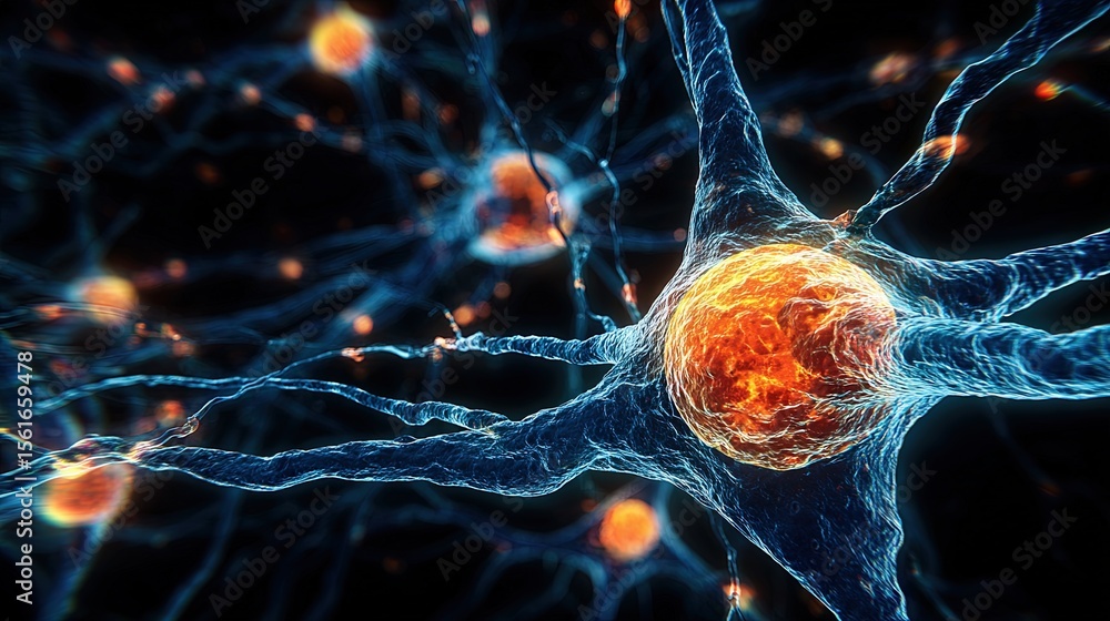 Poster highly detailed microscopic view of nerve cells with glowing neural connections.