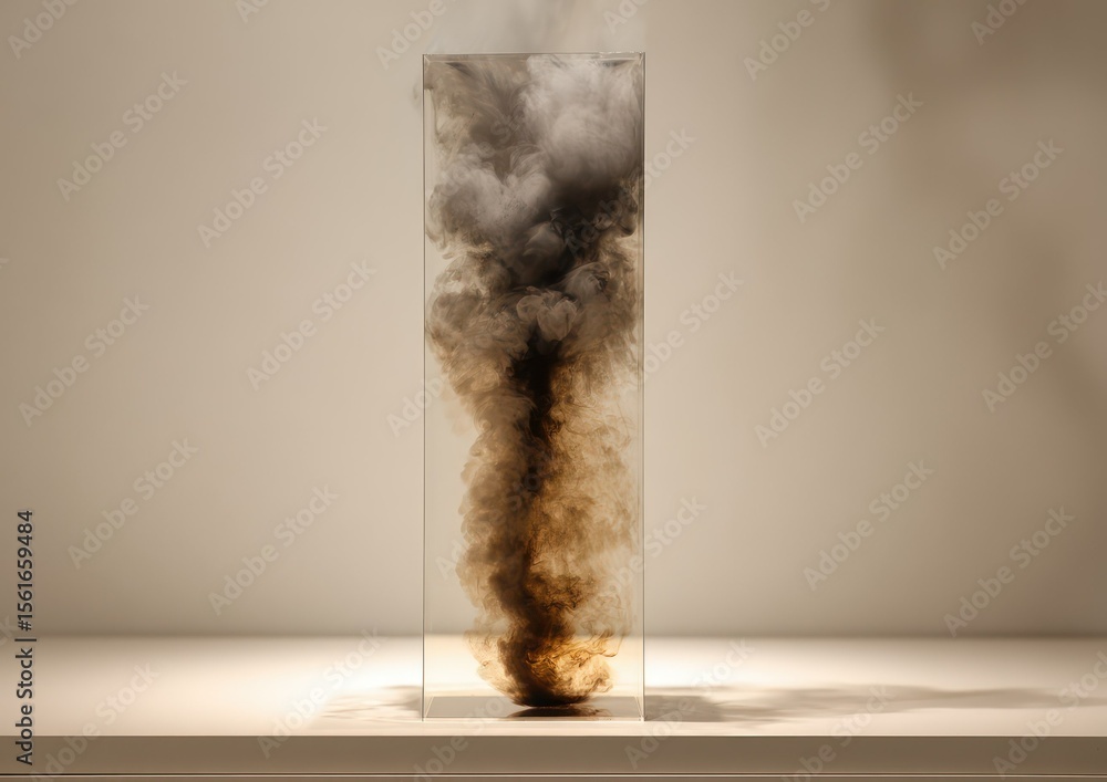 Poster artistic display of atmospheric particles contained within a transparent rectangular enclosure on
