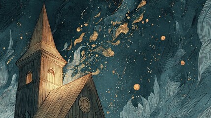 Artistic depiction of a tall church steeple against a swirling starry night sky with cosmic elements.