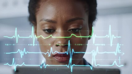 Doctor focuses, with vibrant ECG graphics overlayed on her face - Powered by Adobe