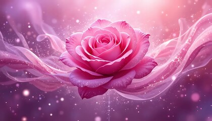 Enchanting pink rose surrounded by soft flowing petals and glittering sparkles in a dreamy atmosphere. Perfect for romantic, fantasy, floral, or magical-themed visuals and prints.