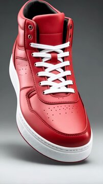 Vibrant red leather high-top sneaker with white laces and sole, floating on a graduated gray background, showcasing modern athletic footwear.