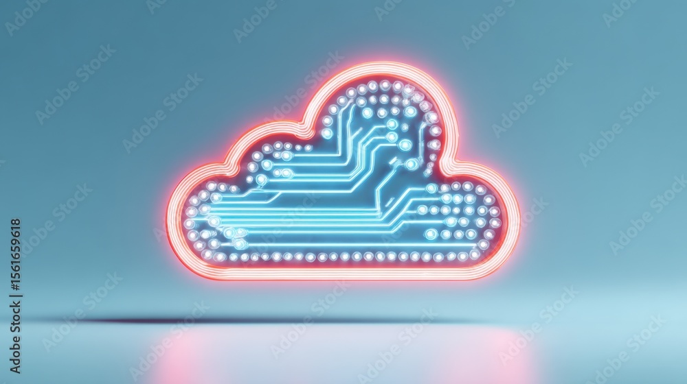 Poster Neon Cloud Icon with Circuitry Design Representing Technology and Connectivity.