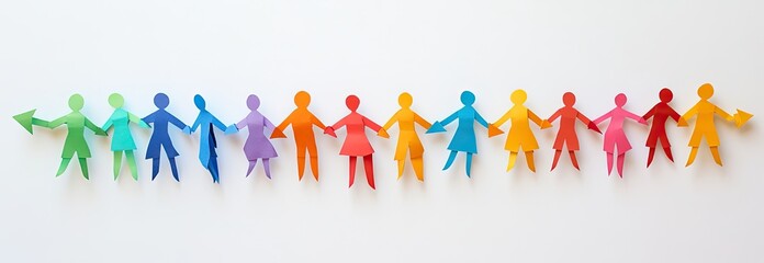 Colorful paper cutout people holding hands in a row