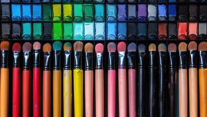Colorful palette of paint and brushes