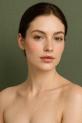 Natural Beauty Portrait of Young Woman with Flawless Skin and Minimal Makeup on Green Background