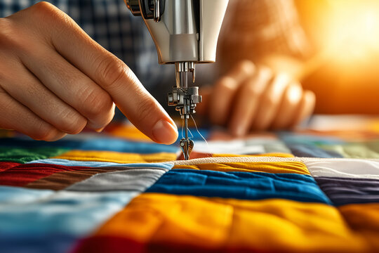 quilting as a creative hobby. a seamstress working on a patchwork project.