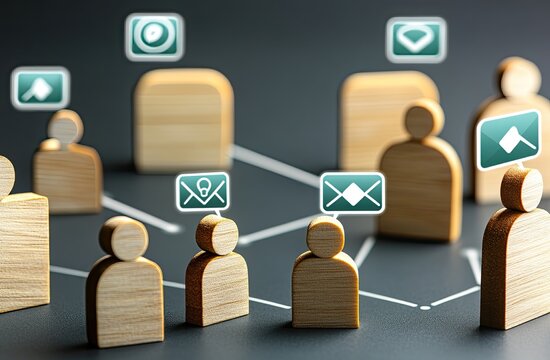 Wooden figures connected by lines and digital icons, suggesting communication network - Powered by Adobe