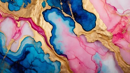 Luxurious Abstract Alcohol Ink Painting with Blue, Pink, and Gold Marble Texture Background
