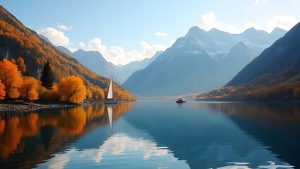 Fototapeta premium Autumn Mountain Reflections with Sailboat on Calm Water