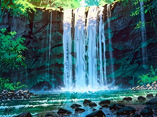 Peaceful Tropical Waterfall in Forest Jungle with Crystal Clear Water and Vibrant Nature Scene